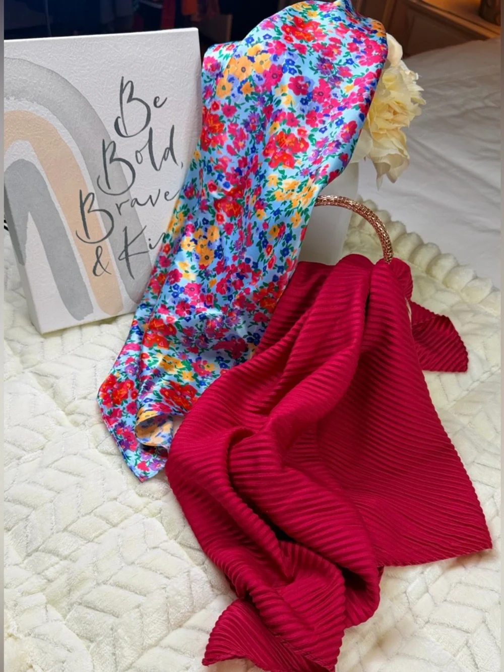 Elegant Bright Floral & Ruby Red Silk Scarves - Double Pack - Picture 14 of 14